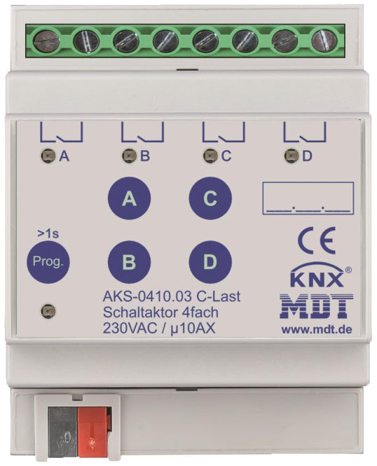 MDT AKS-0410.03 Schaltaktor 4fach 4TE REG 10A 230VAC C-Last Standard 140
