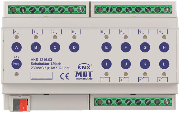 MDT AKS-1216.03 Schaltaktor 12fach 8TE REG 16A 230VAC C-Last Standard
