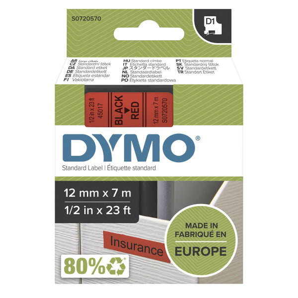 DYMO D1-Schriftband             S0720570 12mm x 7m                schwarz auf rot